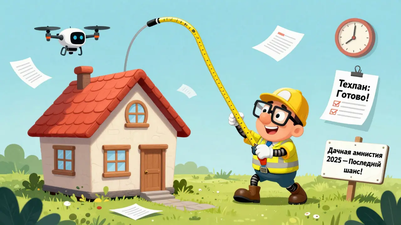 Комичный кадастровый инженер измеряет дачный дом с помощью гибкой ленты и дрона