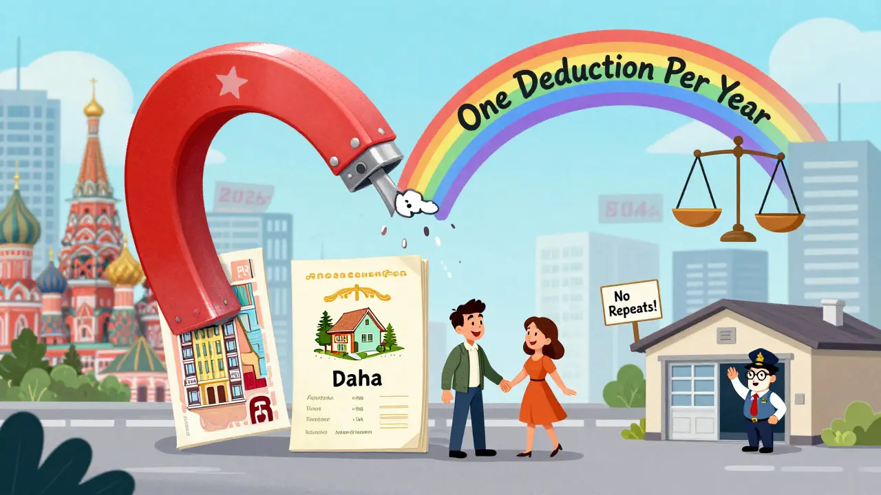 Магнит вычета в 1 млн рублей притягивает три документа на недвижимость, пара улыбается под радугой