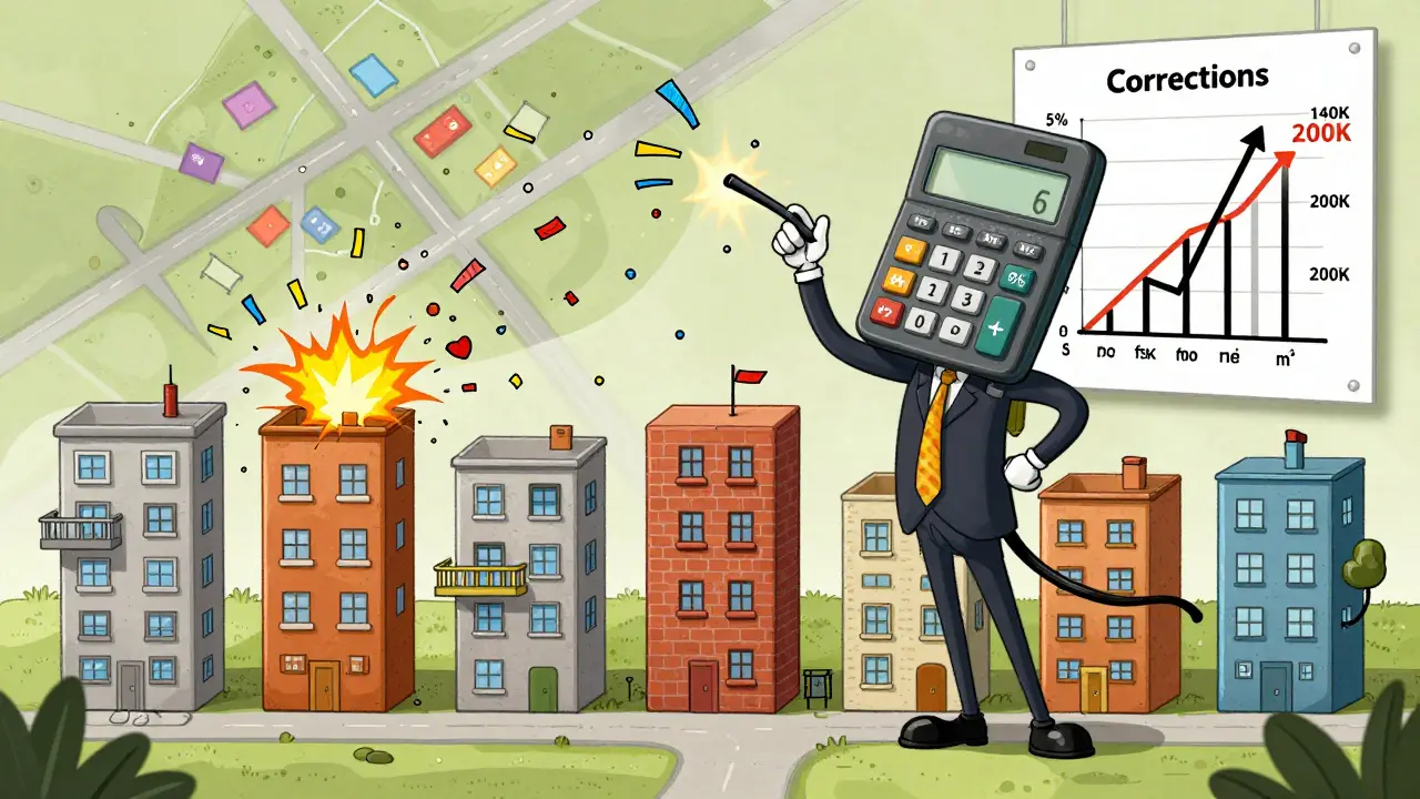 Оценщик с калькулятором на голове безумно регулирует поправки, пока квартиры взрываются от неправильных цен.