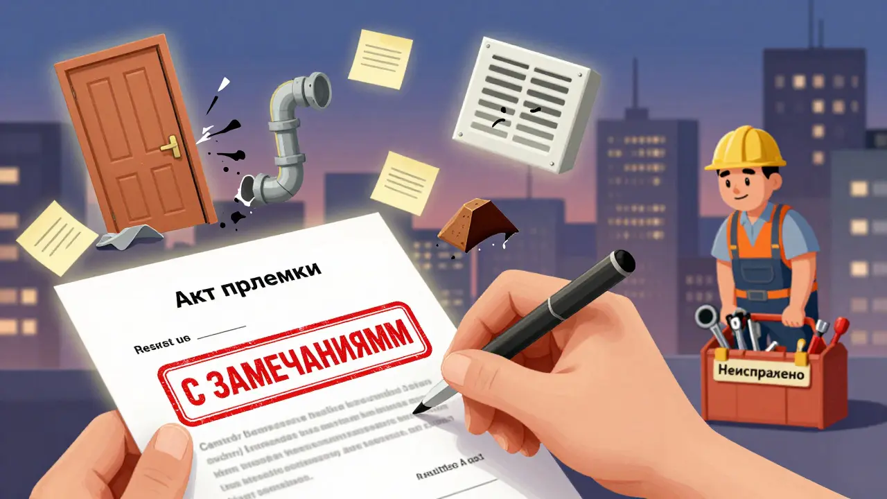 Подписание акта с пометкой &#039;с замечаниями&#039;, вокруг — плавающие дефекты и скрытые проблемы.