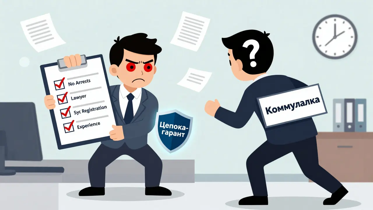 Продавец проверяет покупателя по чек-листу, а тот скрывает коммуналку — рядом светится страховка.