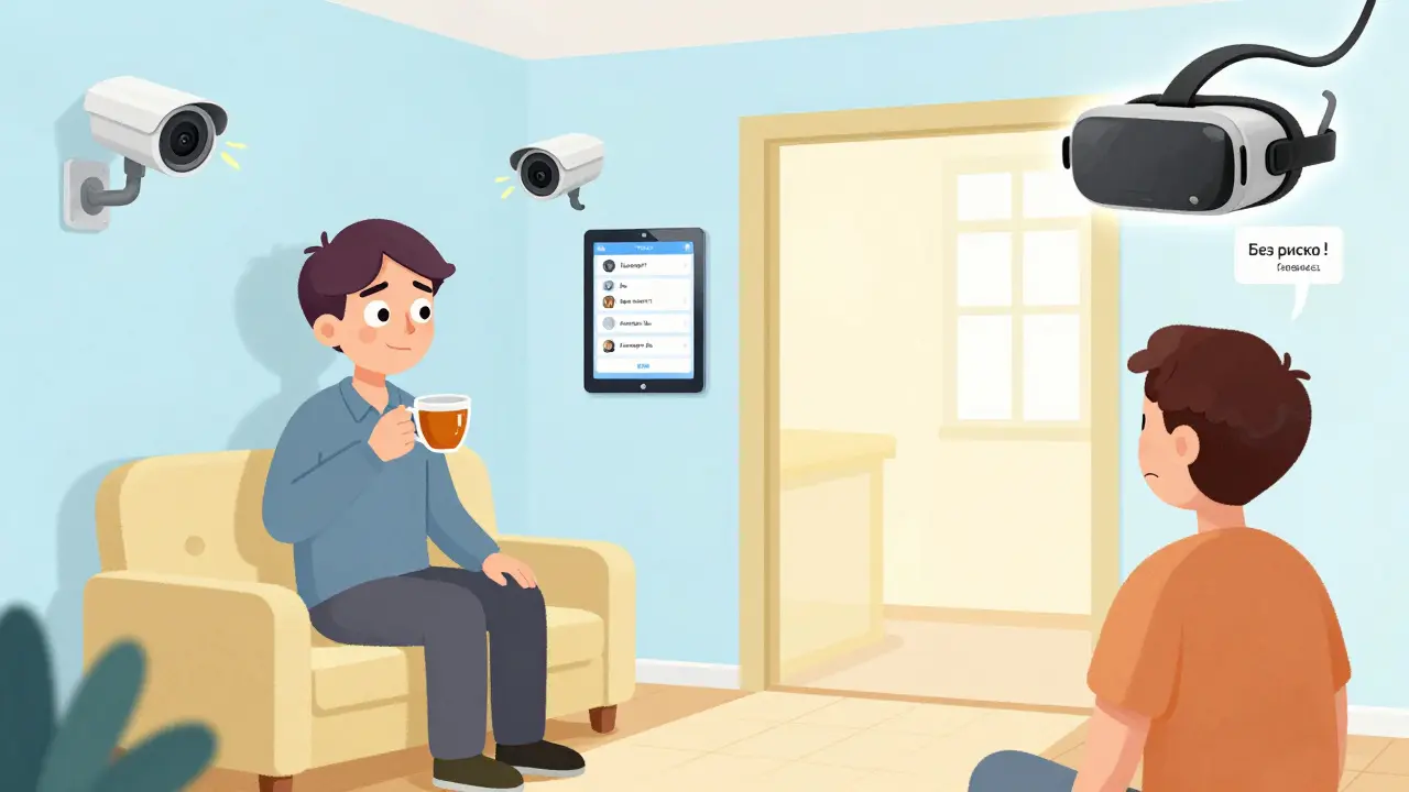 Продавец спокойно наблюдает за покупателем, в квартире видны камеры и VR-туры.