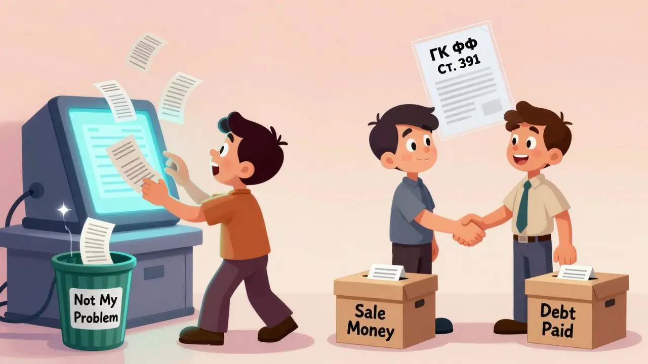 Разделённая сцена: слева — оплата долгов в мусорку, справа — сделка через банковские ячейки с законом в воздухе.