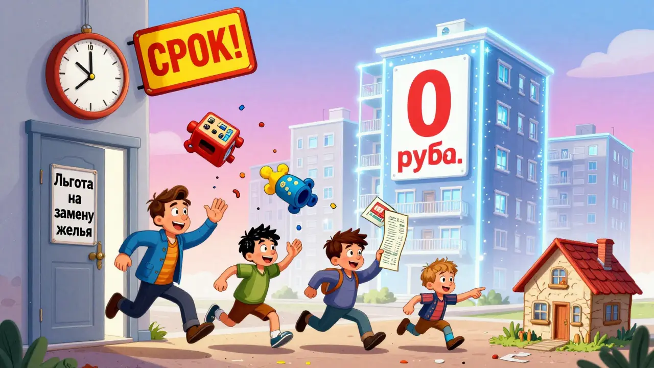 Семья бежит через дверь льготы, оставляя старую квартиру, и направляется к новому дому с нулевым налогом.