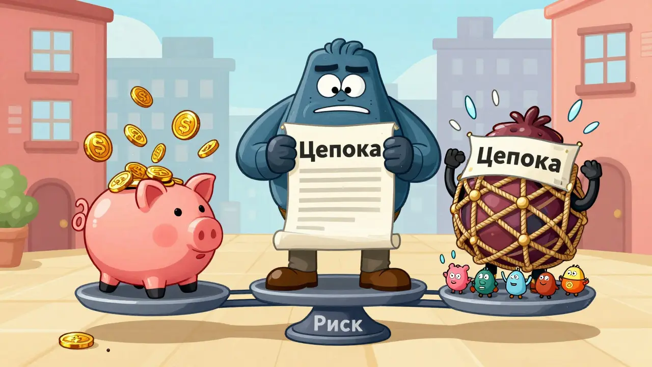 Три покупателя на весах риска: с деньгами, ипотекой и цепочкой — один безопасен, другие в опасности.