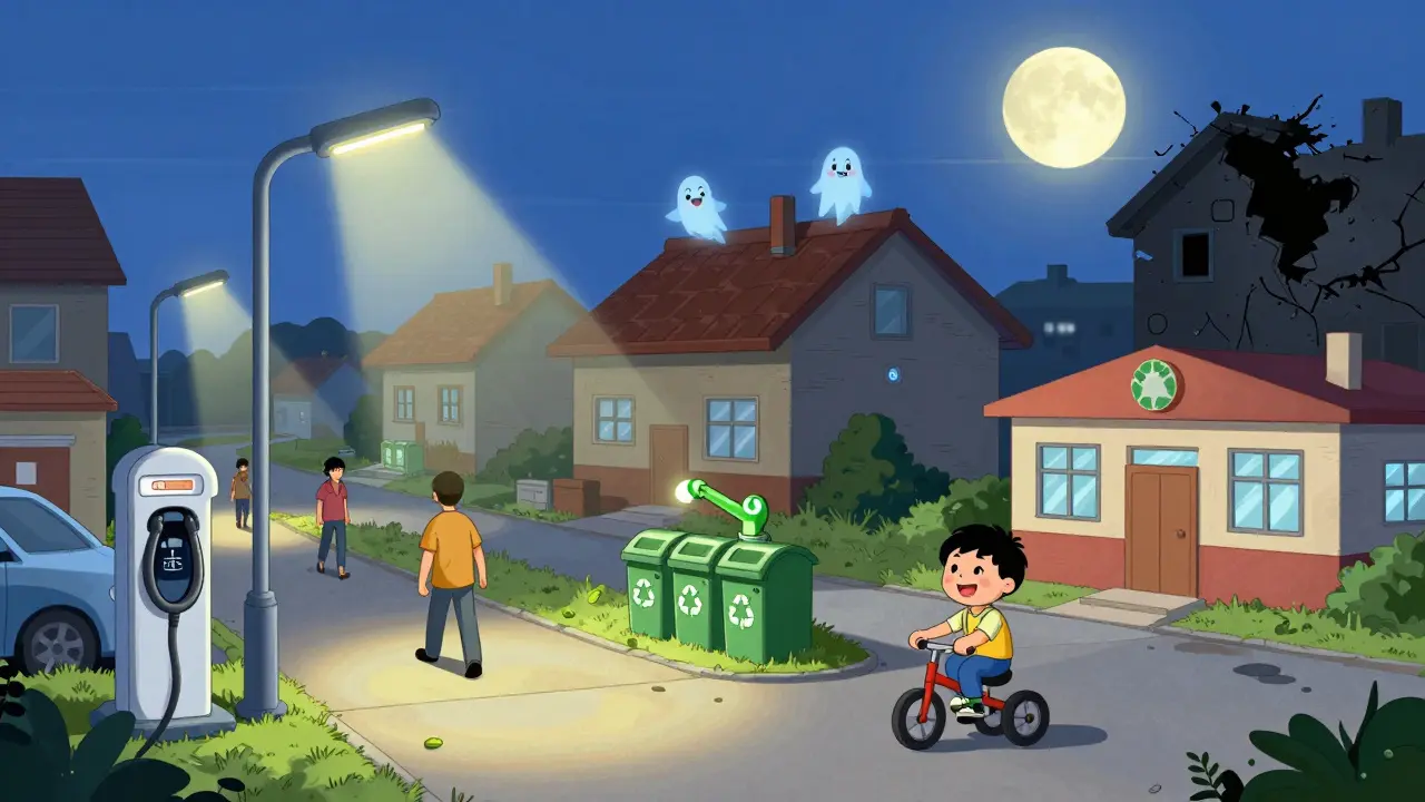 Умный поселок 2025 года с зарядками для электромобилей, умным освещением и пунктами переработки мусора.