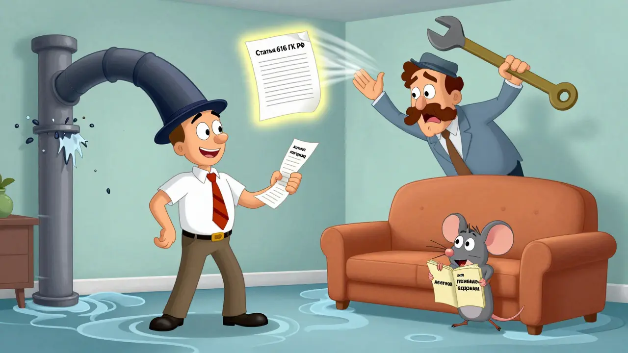 Арендатор стоит в затопленной квартире, арендодатель пытается починить трубу шляпой, над ними — закон.