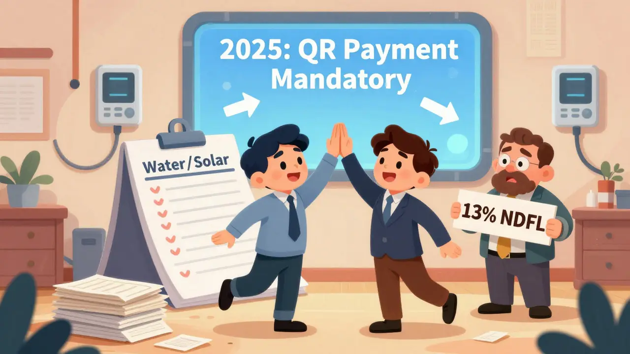 Арендодатель и арендатор танцуют с таблицей, на экране — QR-код и надпись '2025: Обязательно'.