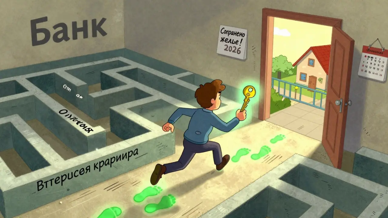 Человек бежит по лабиринту с препятствиями, держа ключ закона, ведущий к спасённому дому