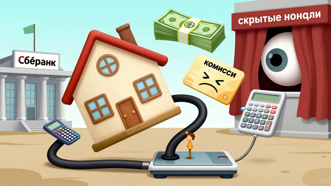 Человек на весах, подавленный гигантскими страховками и комиссиями, в то время как банк тайно наблюдает.