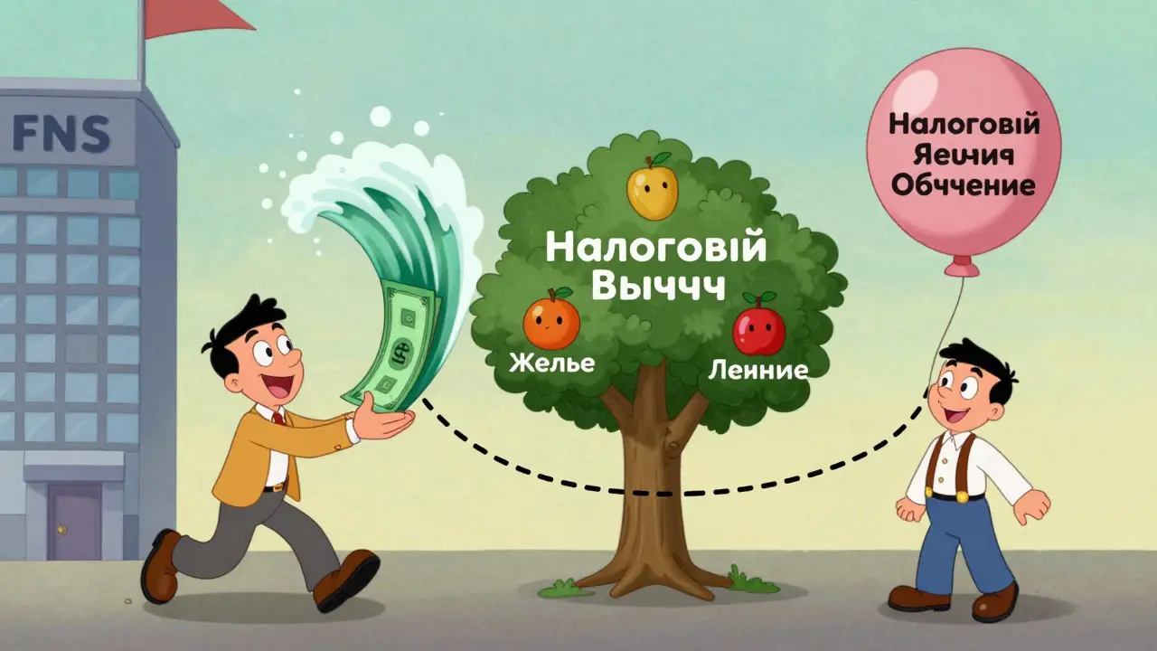 Два пути получения вычета: один — сразу большими деньгами, другой — ежемесячно; дерево с тремя плодами.