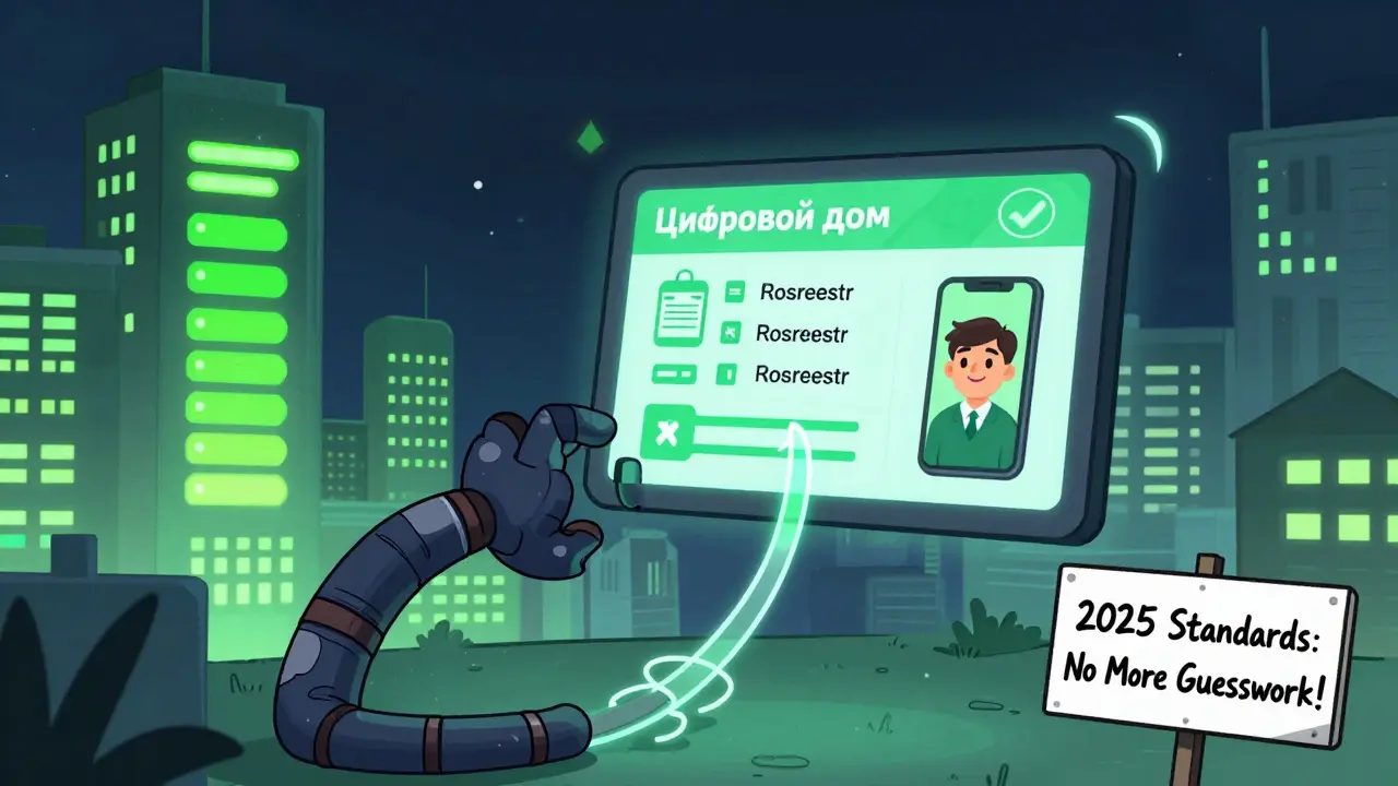 Футуристический город с цифровыми потоками данных от оценки, передающихся в Росреестр и банк, с меткой '2025'.