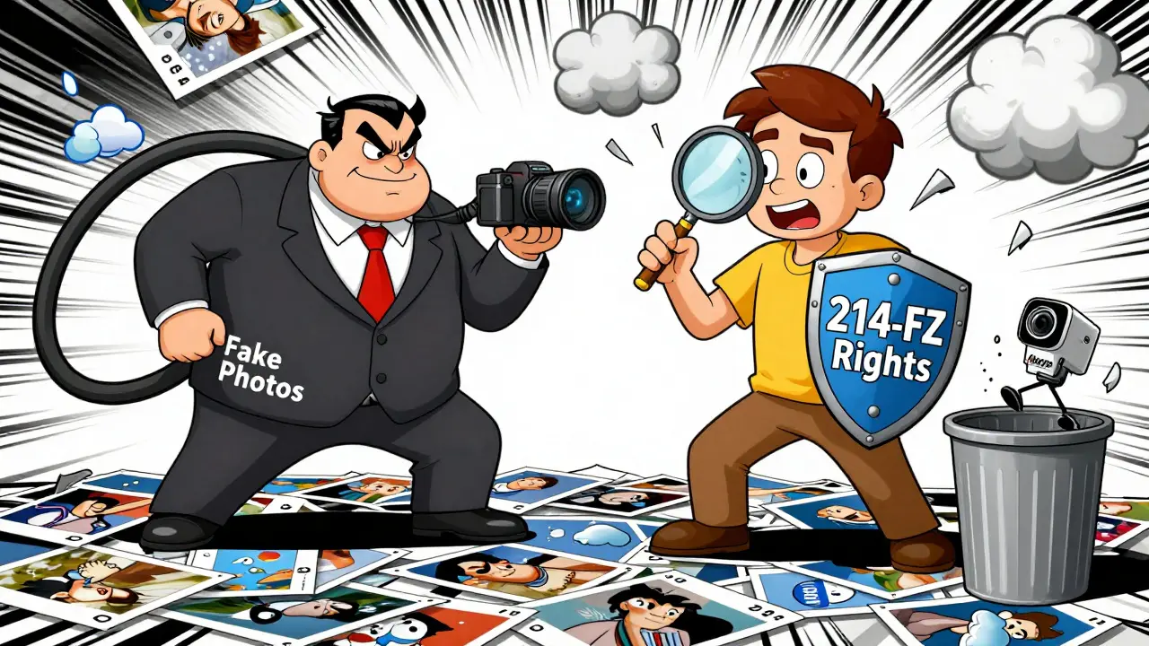 Герой-дольщик с щитом против злодея с фальшивыми фото, вокруг — камеры, даты и погодные значки в ярком мультяшном стиле.