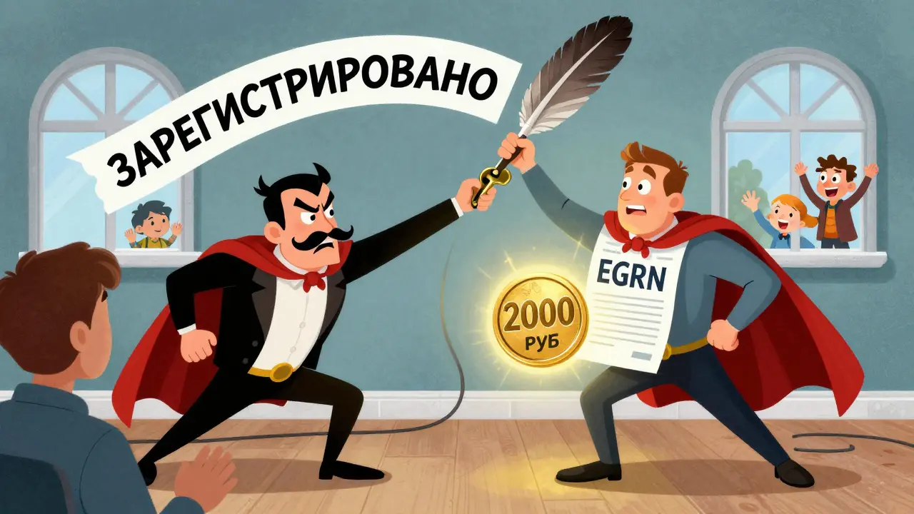 Герой с документами спасает покупателя от мошенника, подписывая &#039;Зарегистрировано&#039; в воздухе.