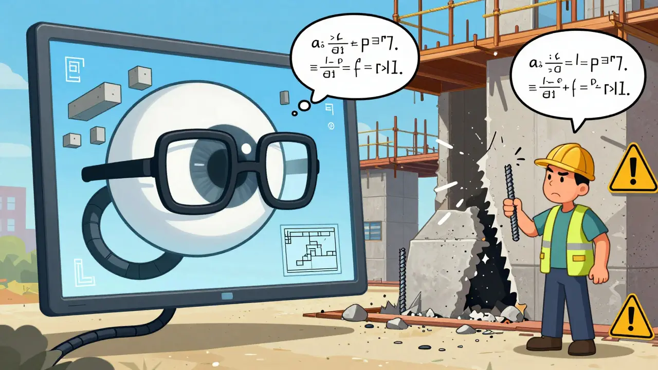 Гигантский ИИ-глаз сравнивает проект здания с реальными фото, одинаковые балки и странные перекосы в стиле мультфильма.