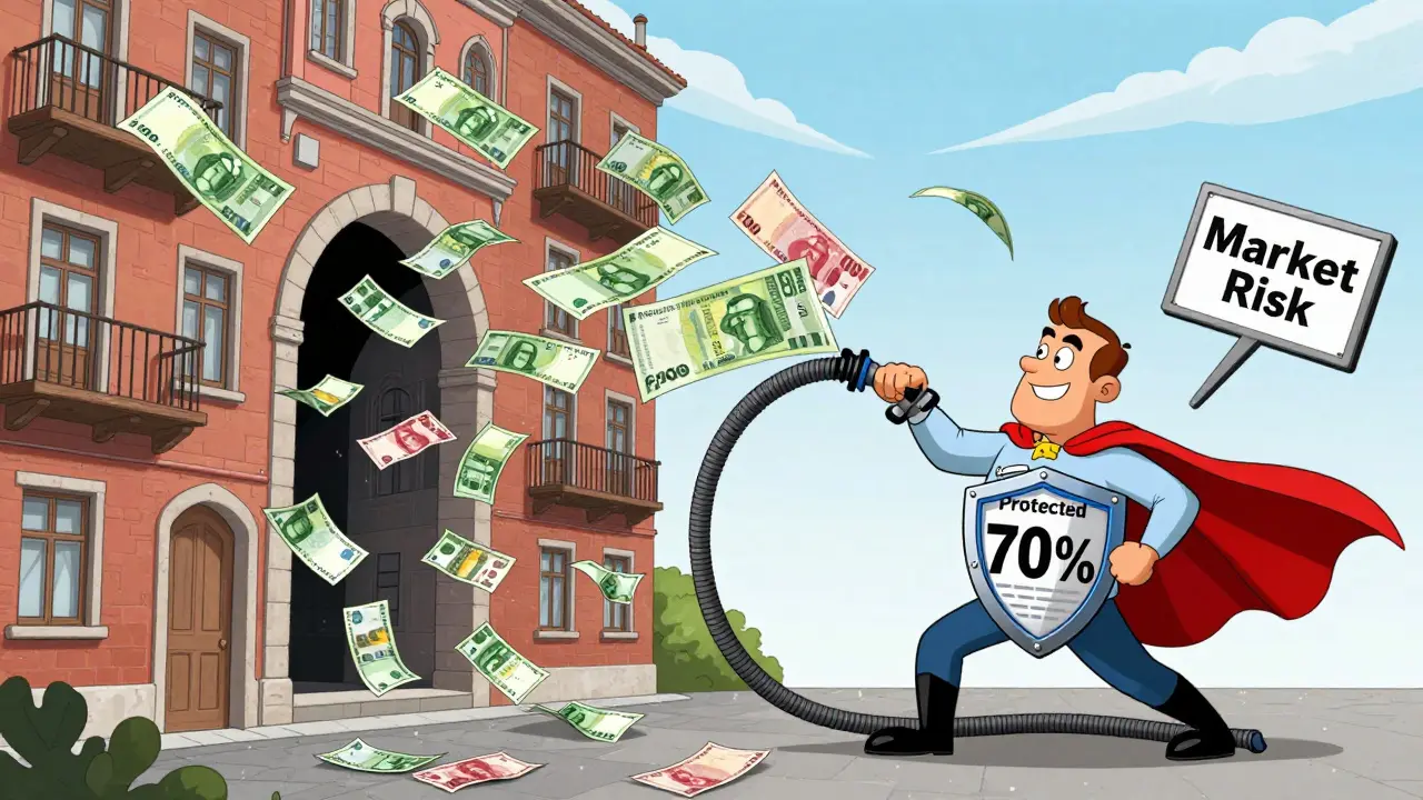 Инвестор в плаще использует резиновый шланг, чтобы защитить 70% валютных платежей.