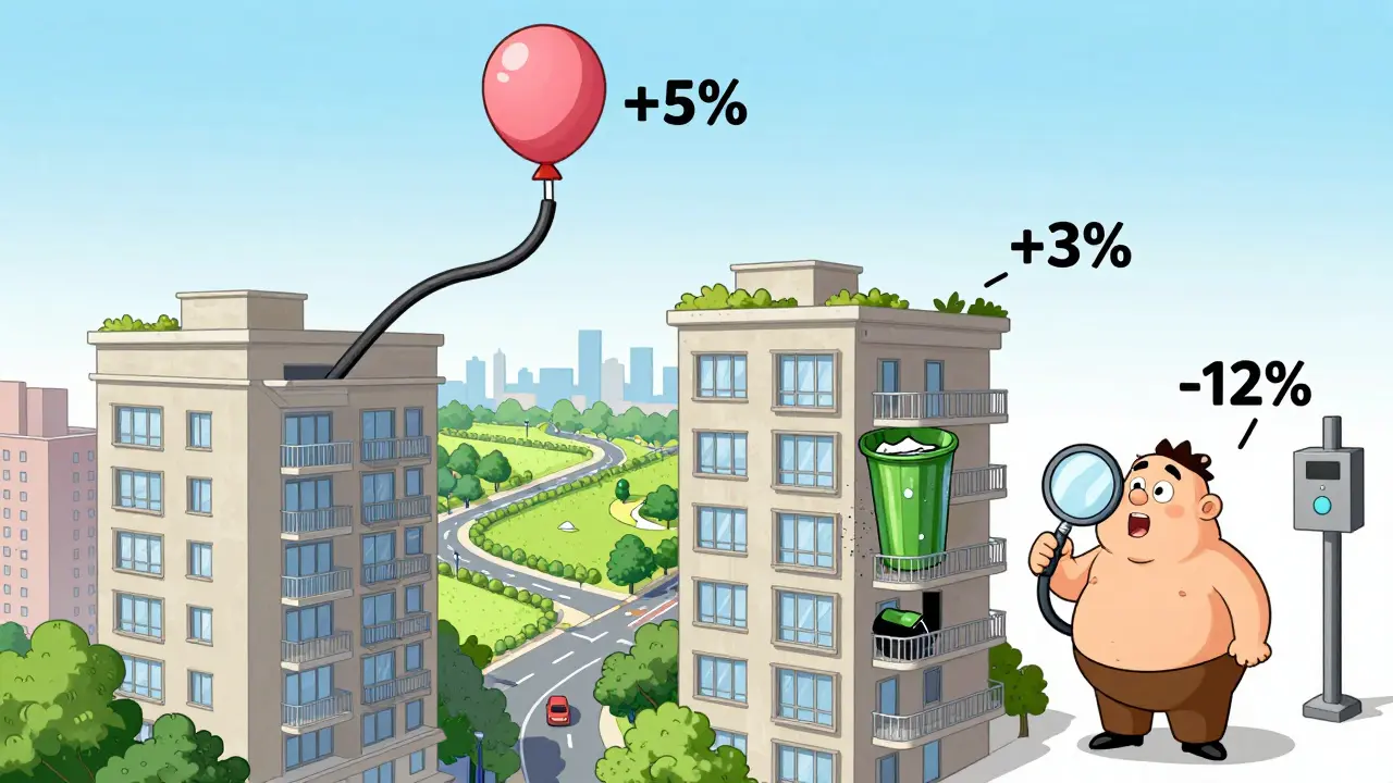 Квартиры с разными видами из окон: одна растягивается вверх с видом на парк, другая проваливается вниз с видом на мусор, с подписанными процентами изменения стоимости.