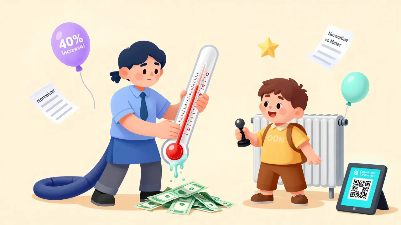 Ландлорд с тающим термометром, арендатор управляет радиатором, вокруг летают квитанции.