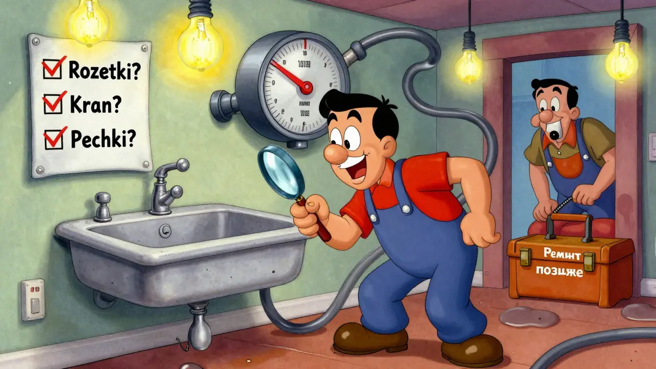 Покупатель осматривает кран с лупой, за спиной — продавец прячет инструменты.