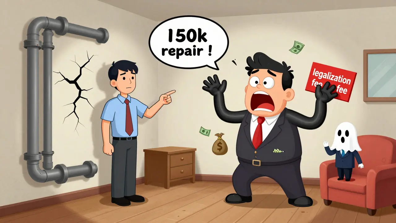 Покупатель показывает на трещины в стене, продавец в панике.