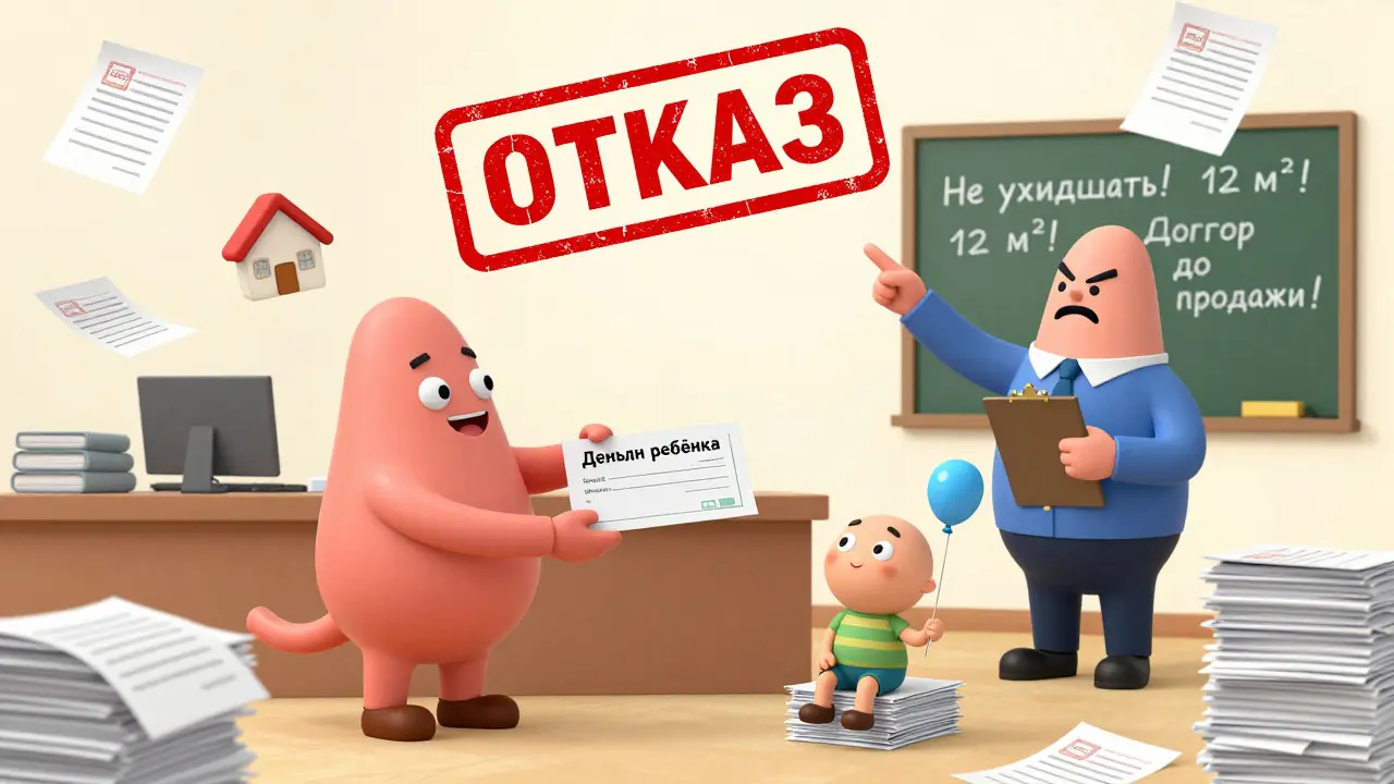 Родители пытаются получить разрешение от строгого, но смешного сотрудника опеки в офисе с бумажками.