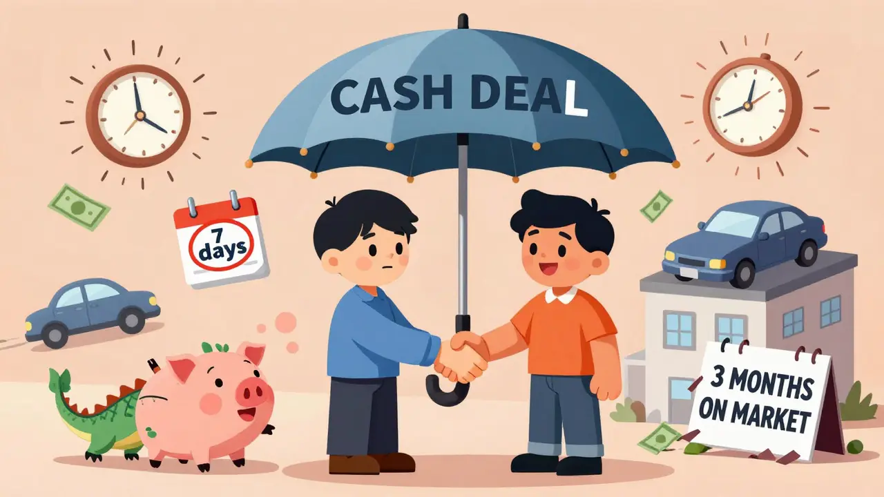 Руки пожимаются под зонтиком 'Наличные', часы спешат, ипотека убегает.