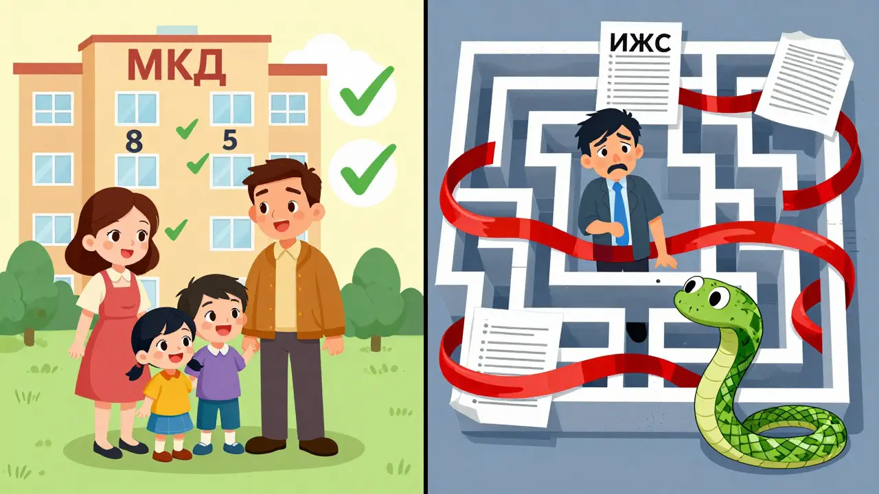 Счастливая семья перед правильным домом МКД против запутанного покупателя в лабиринте из бумаг ИЖС.