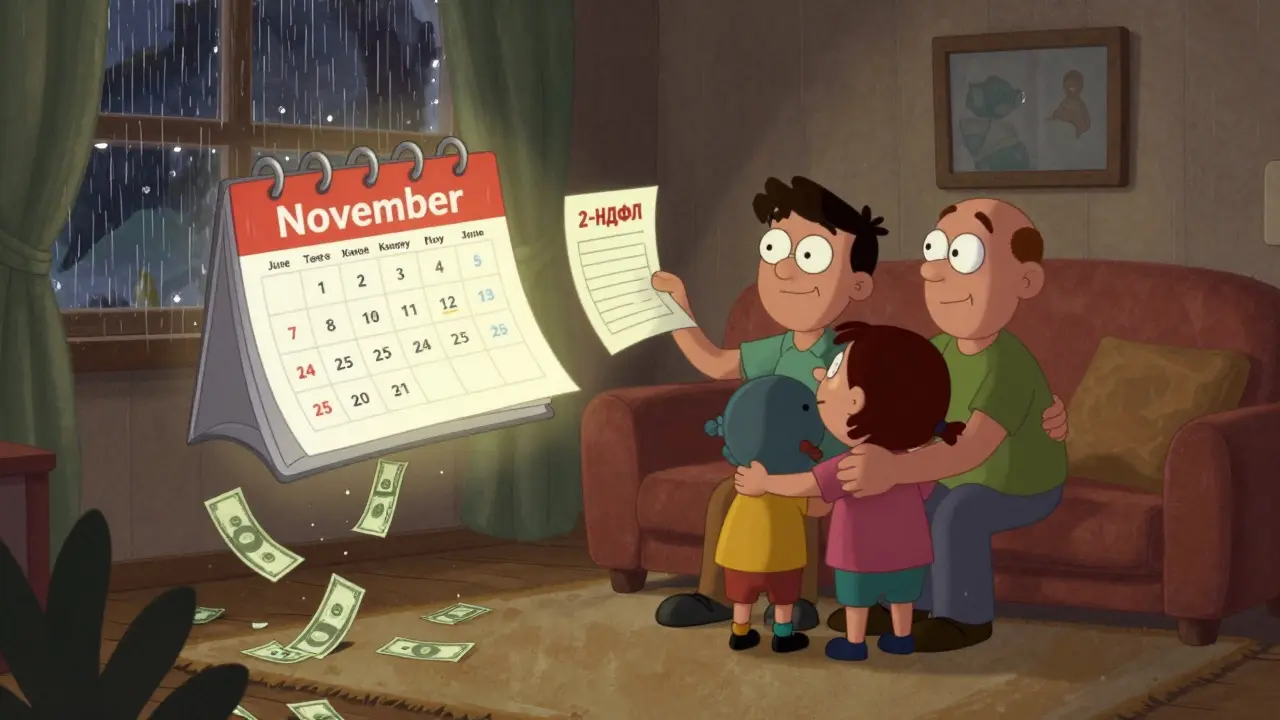 Семья обнимается, документы с цифрами плавают вокруг, дождь из денег исчезает
