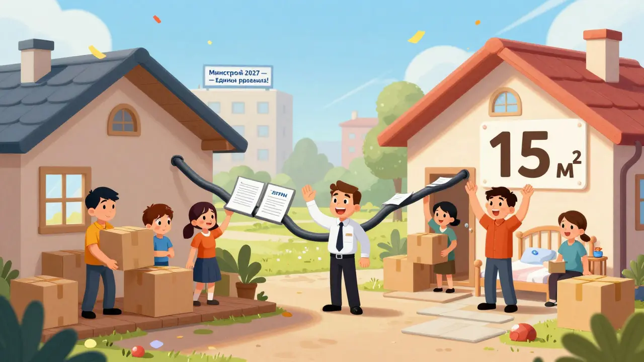 Семья переезжает из маленькой квартиры в большую по мосту из документов, с радостным инспектором посередине.