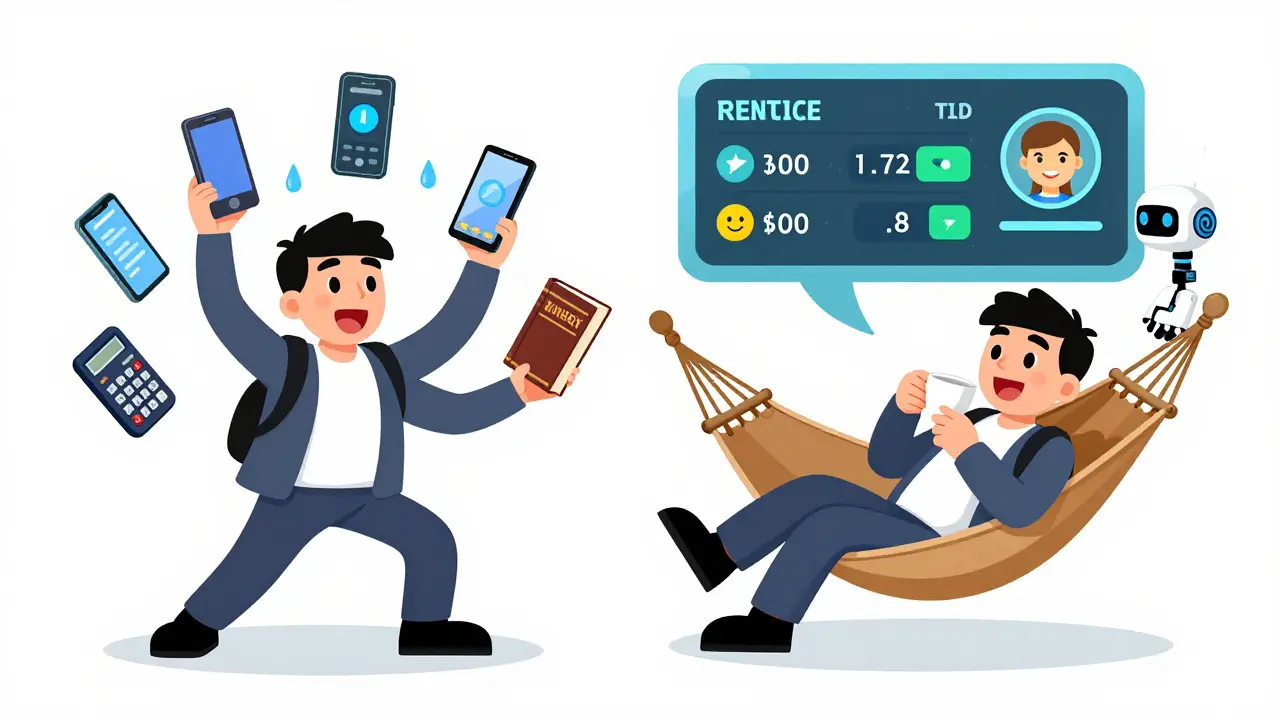 Слева — инвестор в стрессе, справа — тот же человек отдыхает, пока цифровой панель управляет арендой.