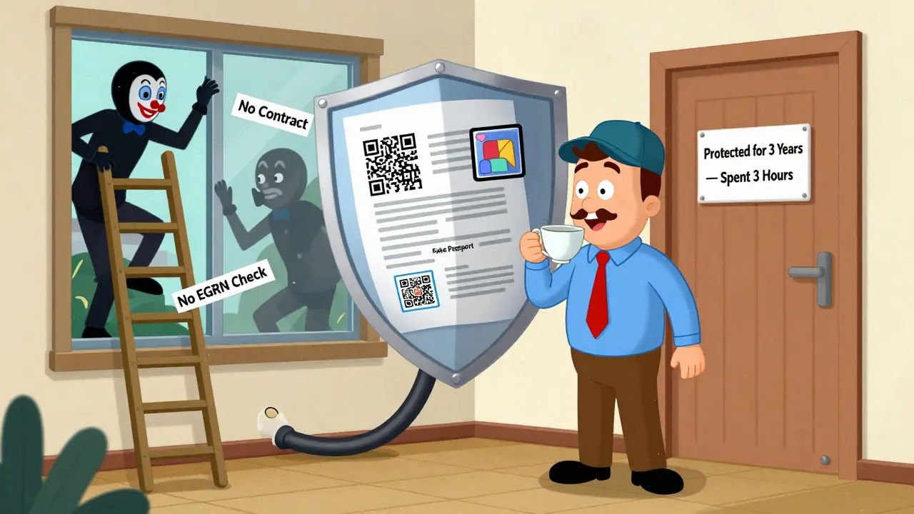 Собственник пьёт чай под защитой щита из договоров и уведомлений, а мошенники падают с лестниц с надписями 'Нет договора'.