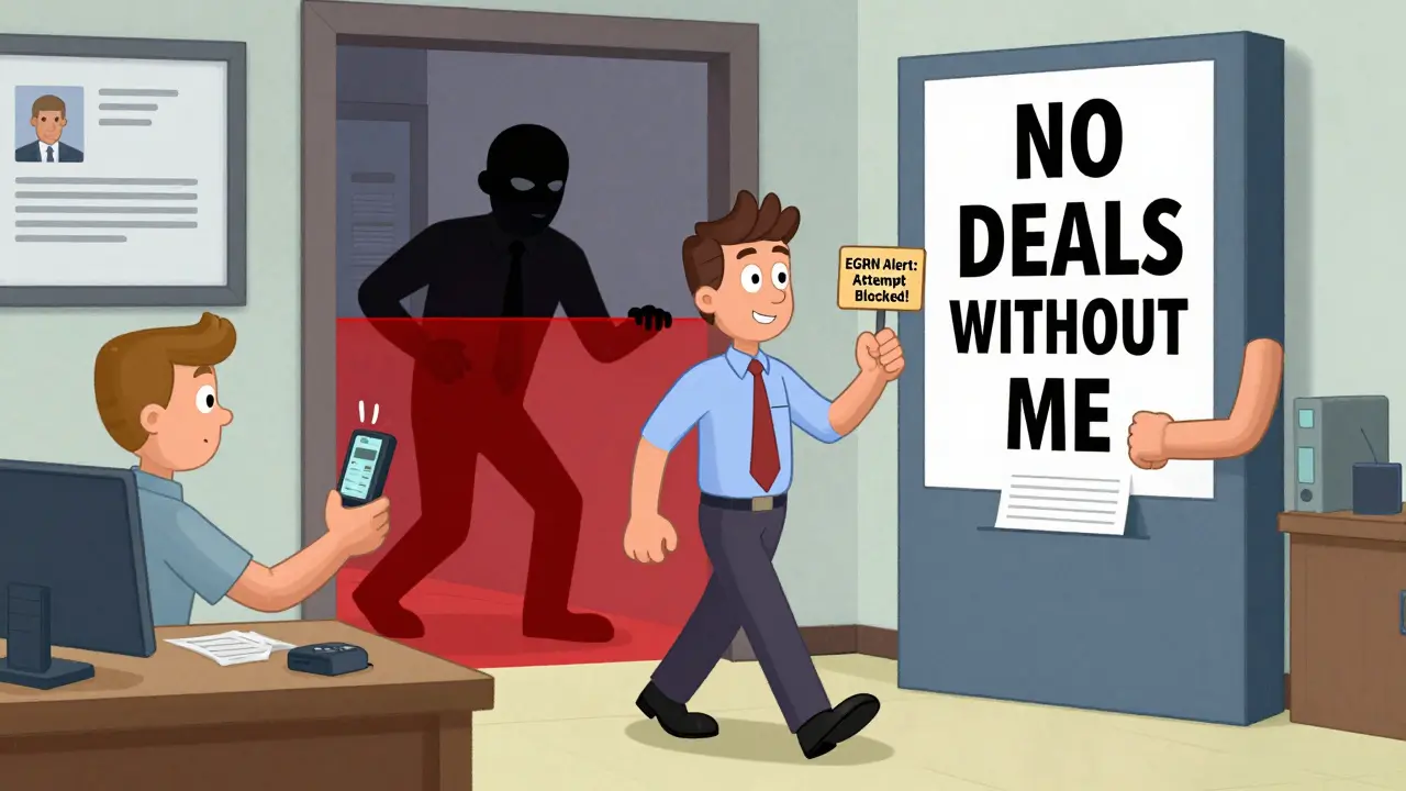 Собственник подаёт заявление в МФЦ о запрете сделок, а мошенник в маске отскакивает от красного барьера.