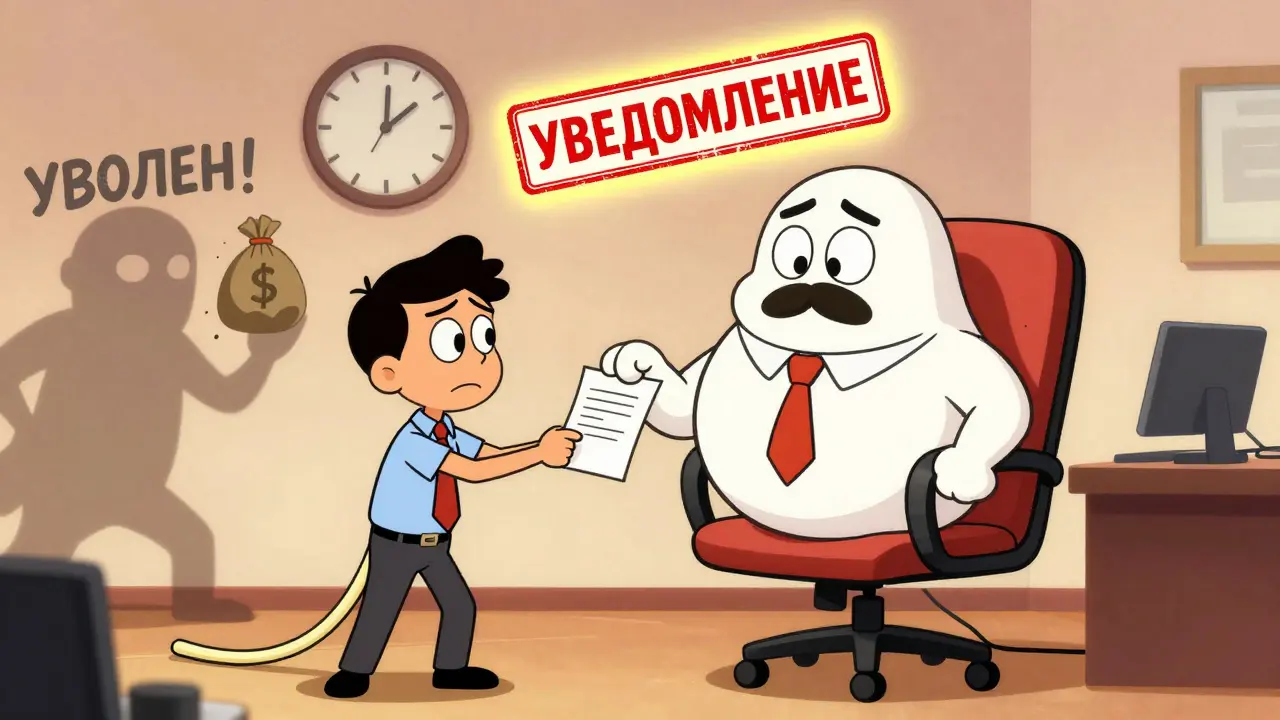 Сотрудник передаёт уведомление начальнику, а за спиной — тень увольнения и исчезающие деньги.