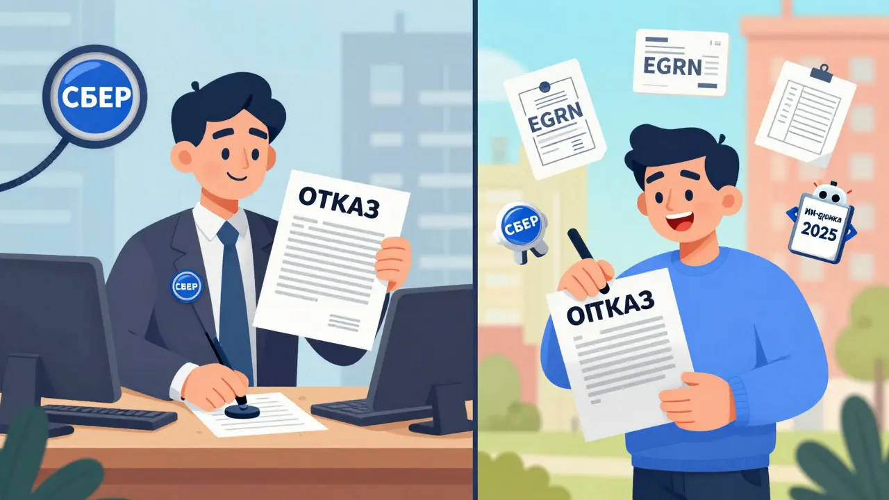 Сравнение двух сцен: слева — банк отклоняет устаревший отчет, справа — клиент получает одобрение ипотеки с актуальной оценкой и цифровыми инструментами.