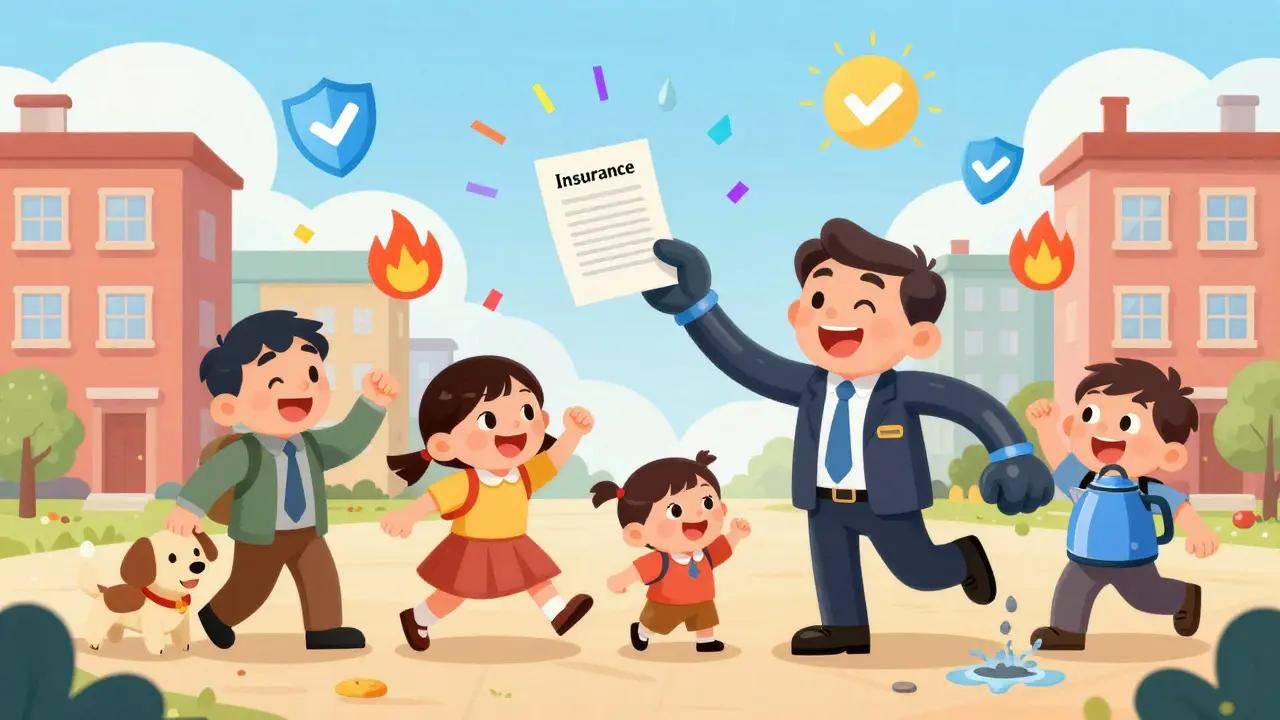 Страховой агент раздаёт полисы арендаторам с детьми и животными, вокруг летают символы защиты.