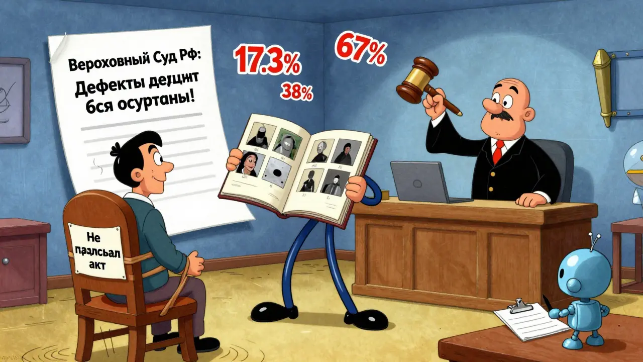 Судья указывает на документ с надписью &#039;Дефекты должны быть описаны&#039;, продавец привязан к стулу.