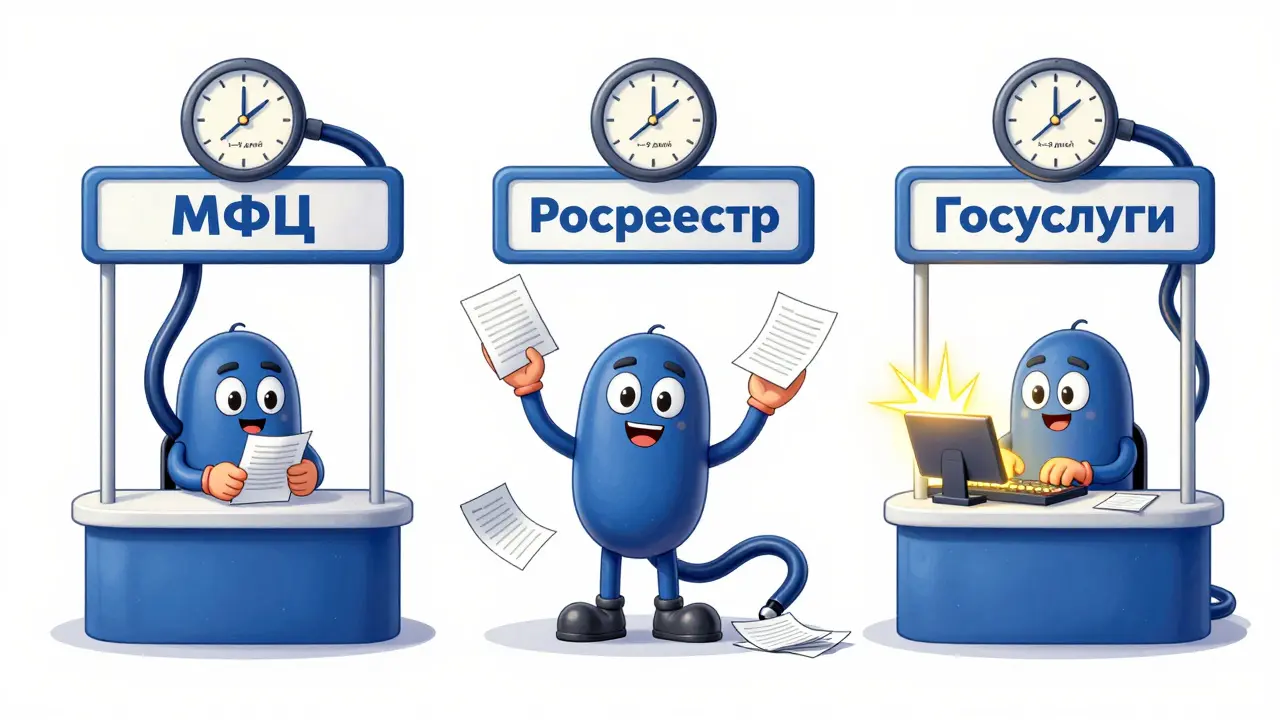 Три персонажа подают документы через МФЦ, Росреестр и Госуслуги, каждый по-своему.