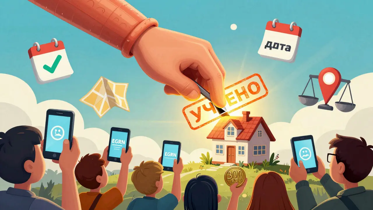 Великая рука ставит печать 'УЧТЕНО' на доме, покупатели радуются с выписками ЕГРН и монетой в 350 рублей.