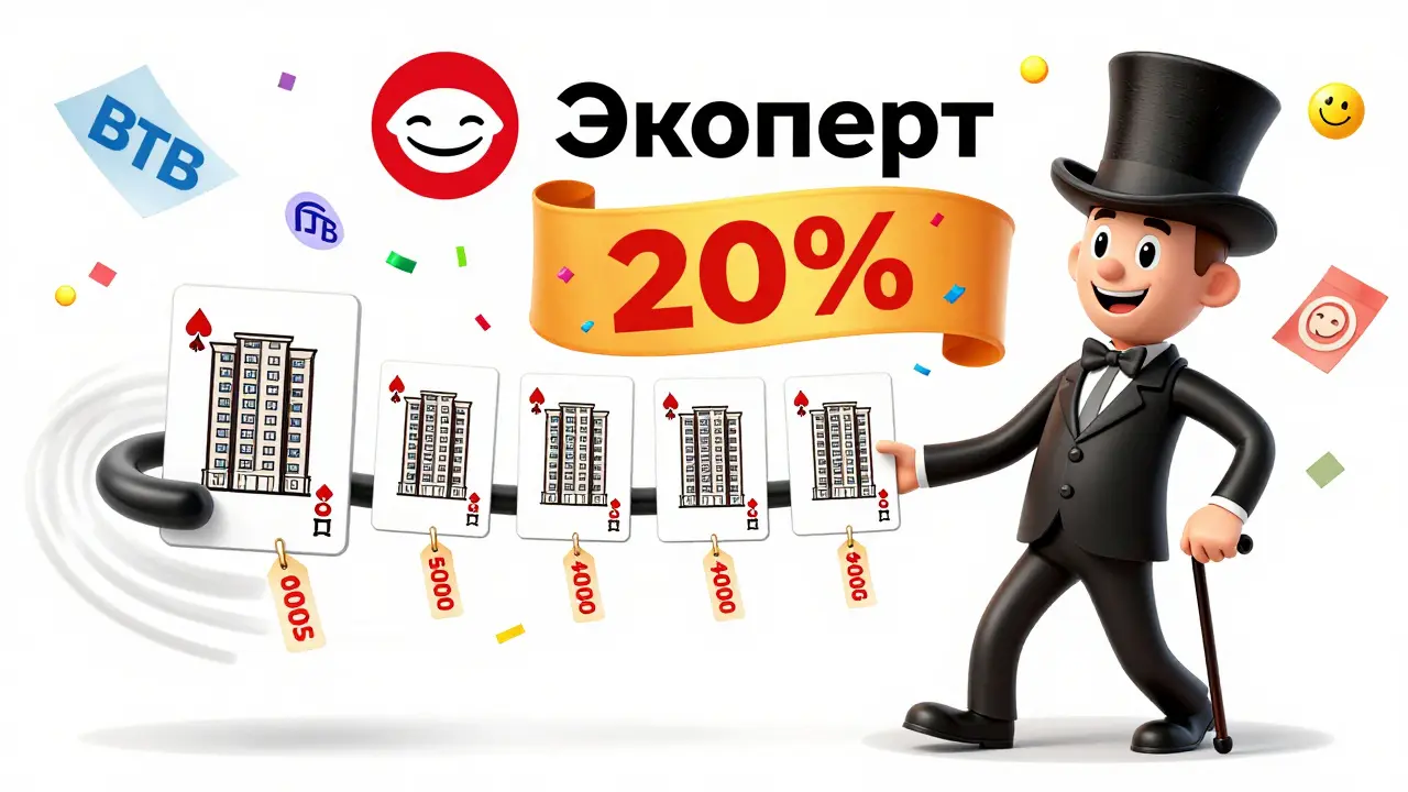 Агент раздает пакеты оценок с большими скидками, вокруг — логотипы банков.