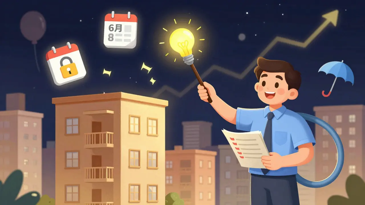 Арендодатель волшебной палочкой превращает пустые квартиры в сданные, вокруг — символы залога, срока и энергоэффективности.