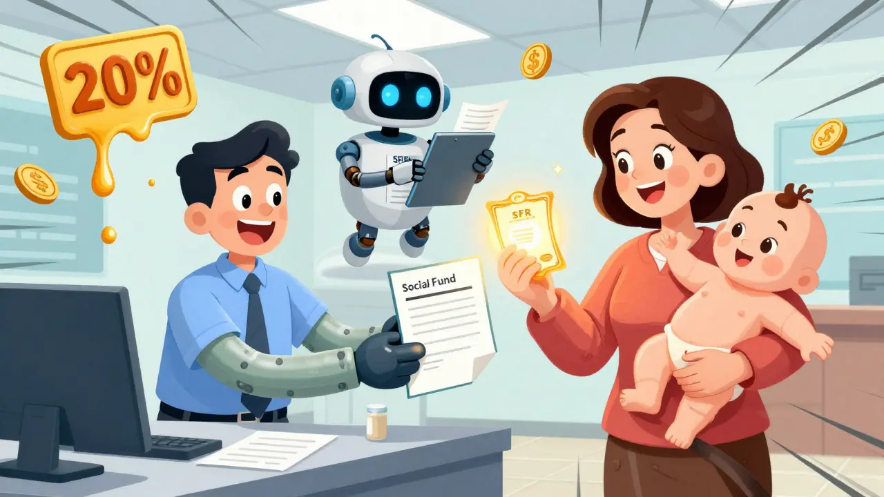 Банковский служащий выдает ипотечный договор маме с ребенком на руках, рядом — робот СФР.