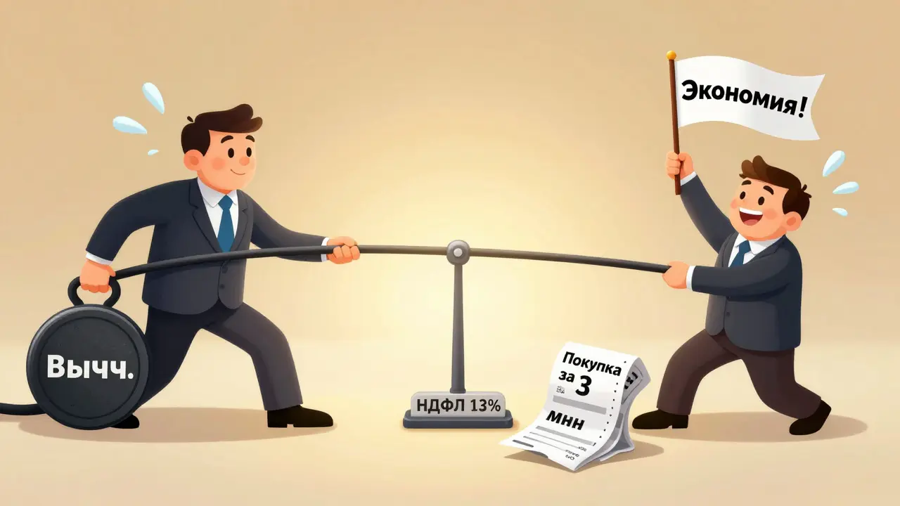 Борьба за налог: вычет в 1 млн против расходов на покупку, человек на весах, налоговый советник waving флагом экономии.