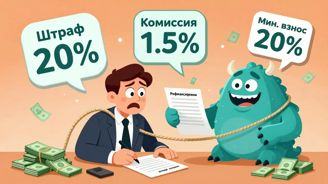 Человек подписывает договор с банком-монстром, вокруг — скрытые комиссии и штрафы.