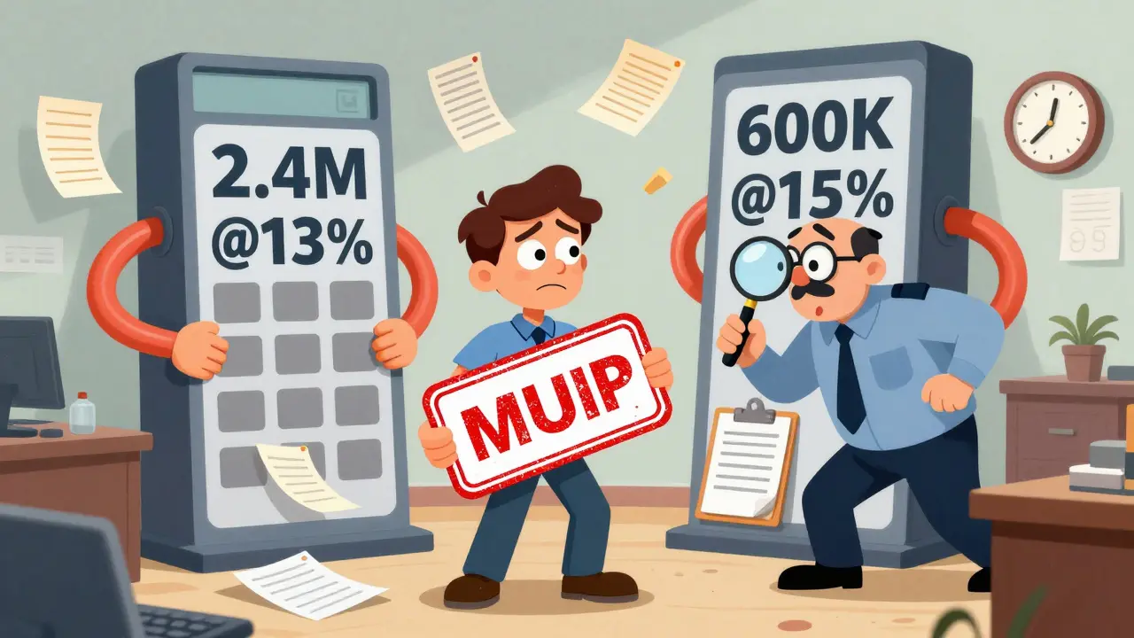 Человек с защитой в 1 млн рублей стоит между двумя калькуляторами налогов.