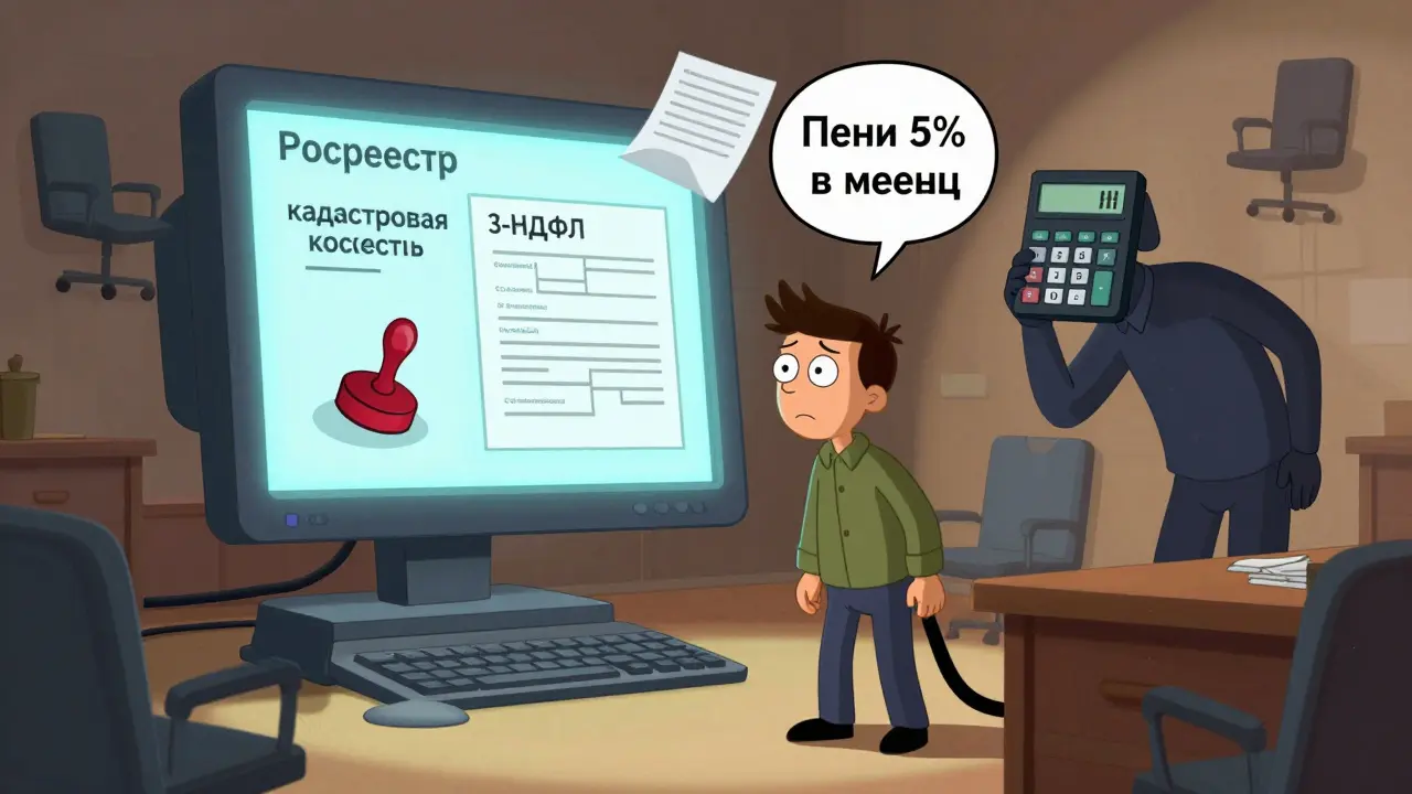 Человек смотрит на экран Росреестра с кадастровой стоимостью, а рядом — тени налоговой инспекции и нотариальный штамп.