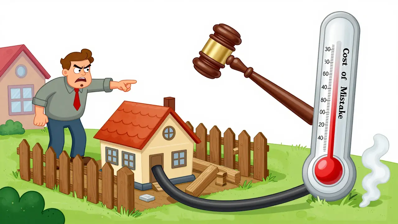 Человек строит дом на участке, чей забор заходит на чужую землю, сосед злится, а стоимость ошибки взлетает вверх.