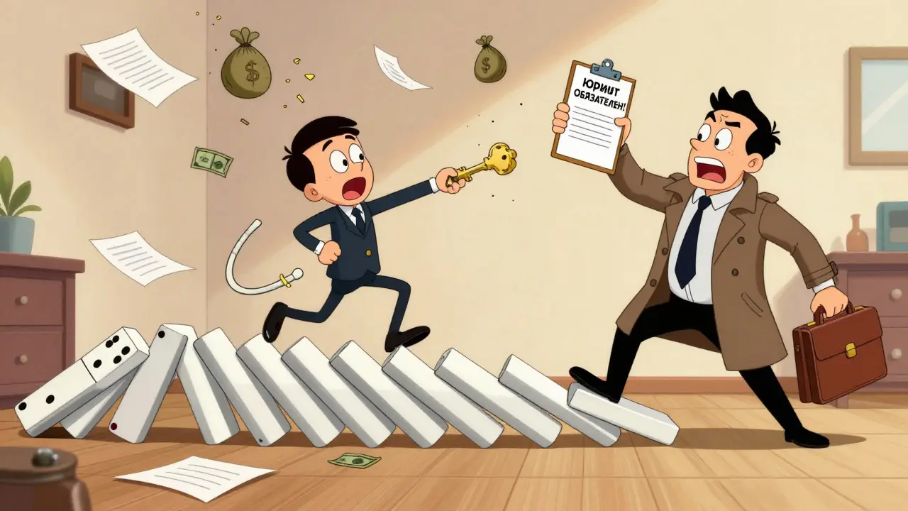 Цепочка сделок рушится: один участник отменяет сделку, все падают, юрист пытается остановить хаос, мошенник убегает с деньгами.