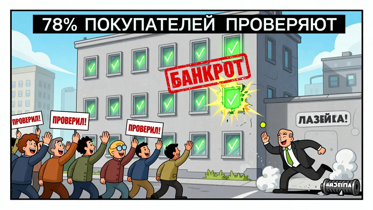 Дом с зелёными галочками, один окно разбито красной печатью 'БАНКРОТ'.