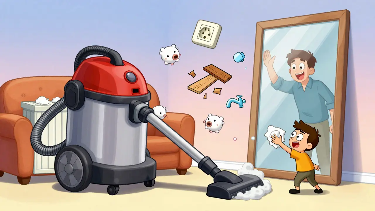 Гигантский пылесос убирает пыль из-за радиатора, а зеркало отражает довольного покупателя в чистой, ухоженной комнате.