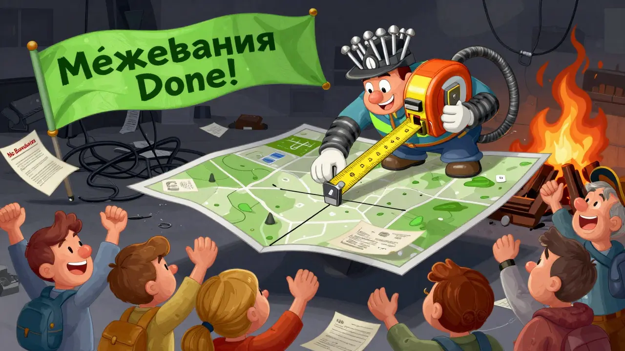 Инженер с огромной лентой измеряет участок, а вокруг — счастливые люди и яркий баннер 'Межевание сделано!', в отличие от горящей кучи старых бумаг.